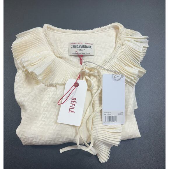 Zadig & Voltaire NWT Tio Jac Monogram 100% Silk Long Sleeve Blouse Cream Medium - Picture 4 of 5